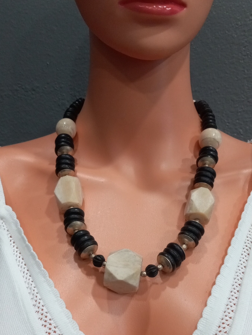 Beaded Statement Necklace in Beige and Black
